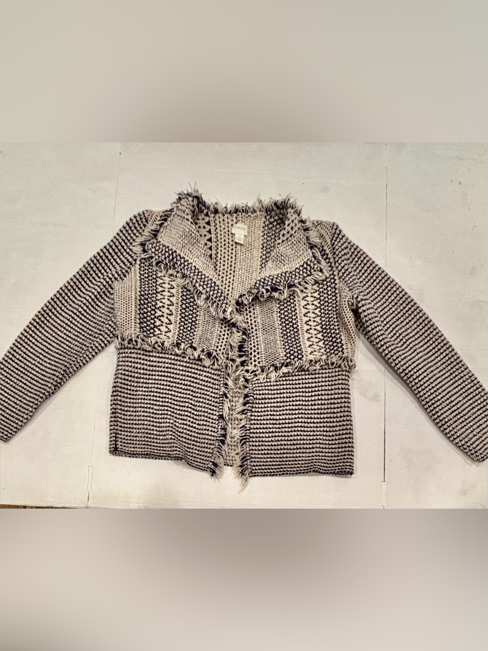 Chico's Black White Geometric Fringe Open Front Cardigan Size 2